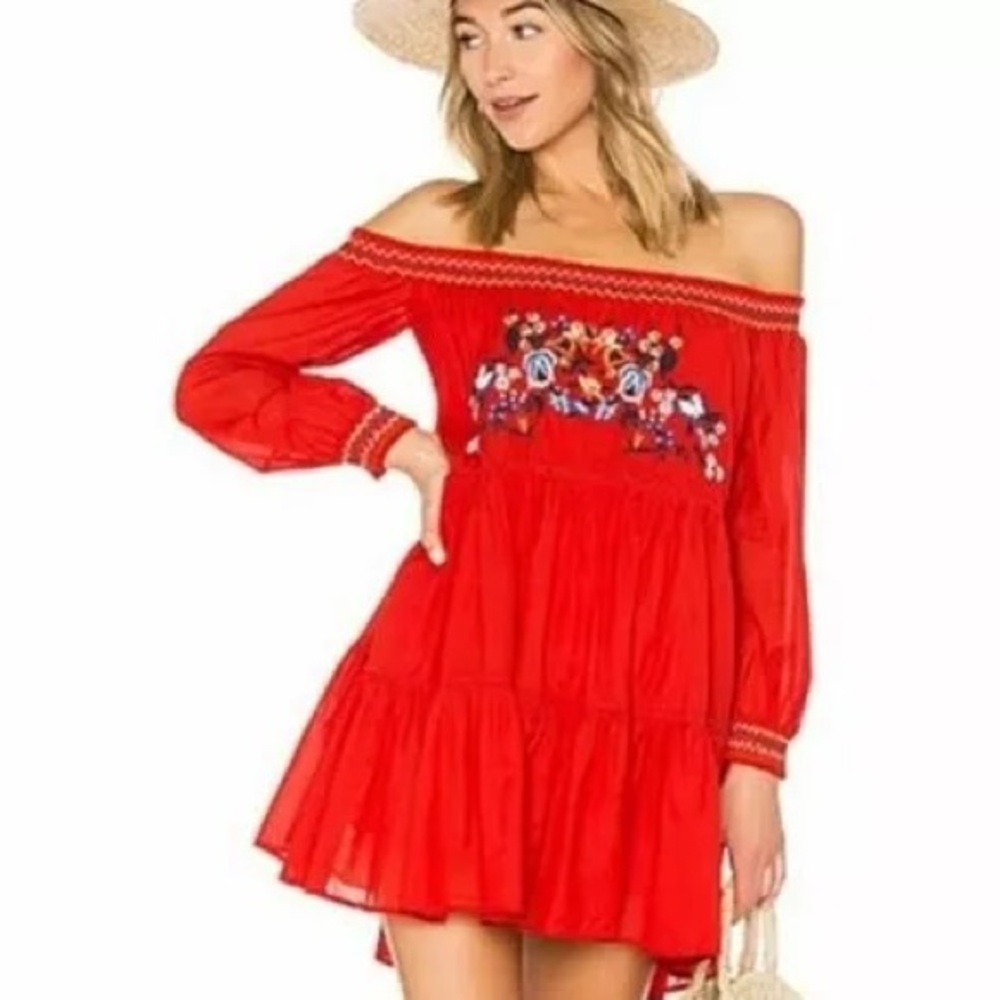 Free People Sunbeams Mini embroidered‎ dress red women's size large off shoulder